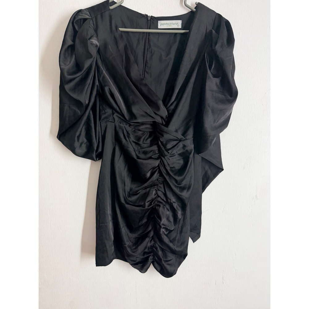 Pants Store Black Satin Puff Sleeve Ruched Mini Dress V-Neck Size S LBD Cocktail
